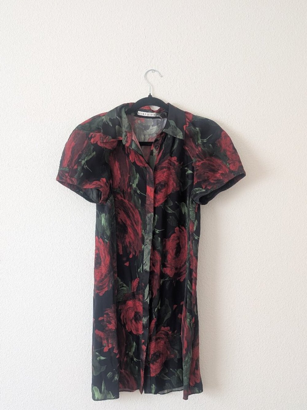 Alice + Olivia Silk Floral Rose Puff Sleeve Button Down Top Dress -